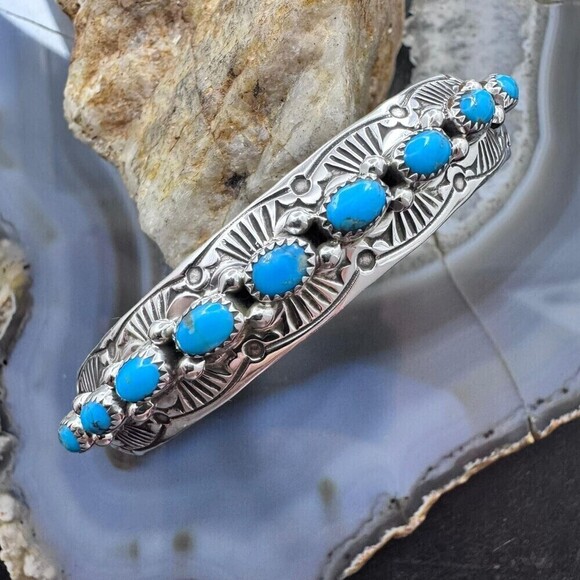 Jewelry - Grace Silver Sterling Single Row 9 Oval Kingman Turquoise Bracelet For Women